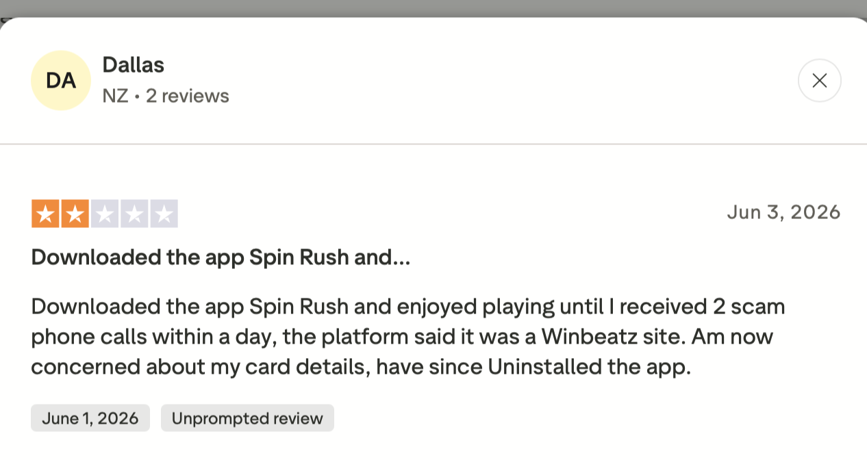Testimonio de Dallas (Trustpilot) Testimonio de Dallas en Trustpilot sobre Winbeatz, 2 estrellas