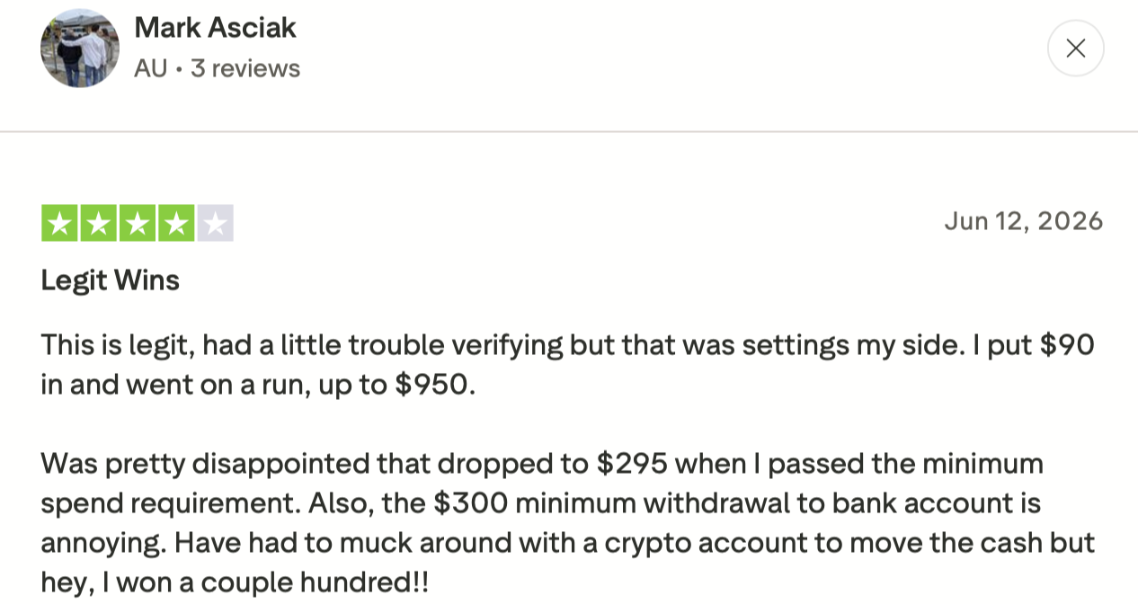 Testimonio de Mark Asciak (Trustpilot) Testimonio de Mark Asciak en Trustpilot sobre Winbeatz, 4 estrellas