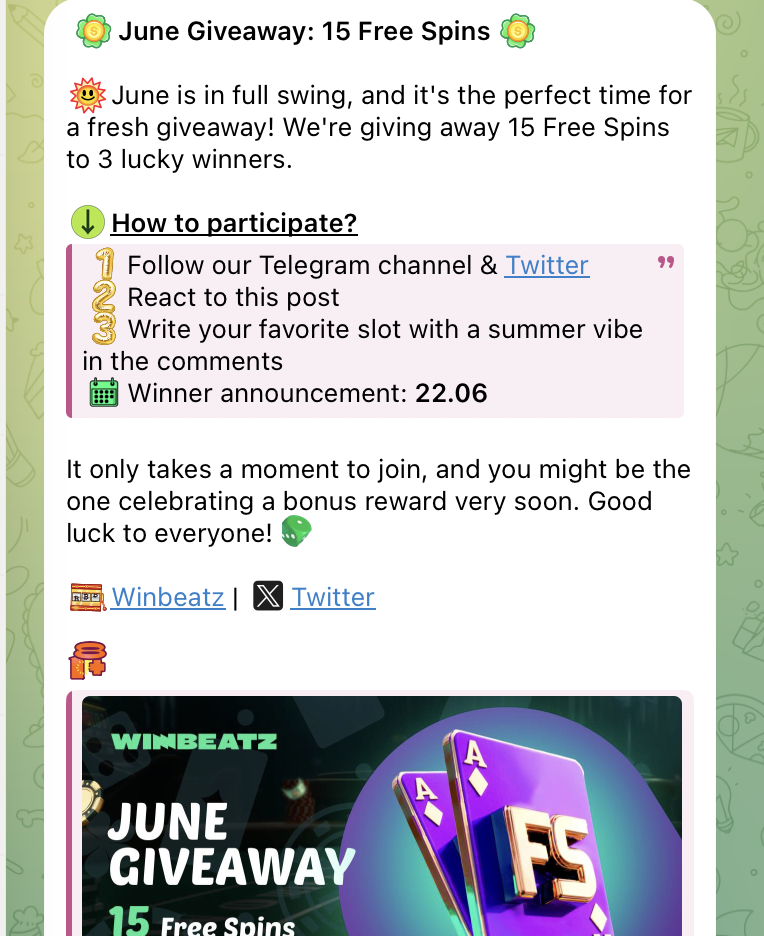 Sorteo de giros gratis de Winbeatz en redes sociales Sorteo de giros gratis de Winbeatz en redes sociales (ejemplo: June Giveaway 15 Giros gratis)